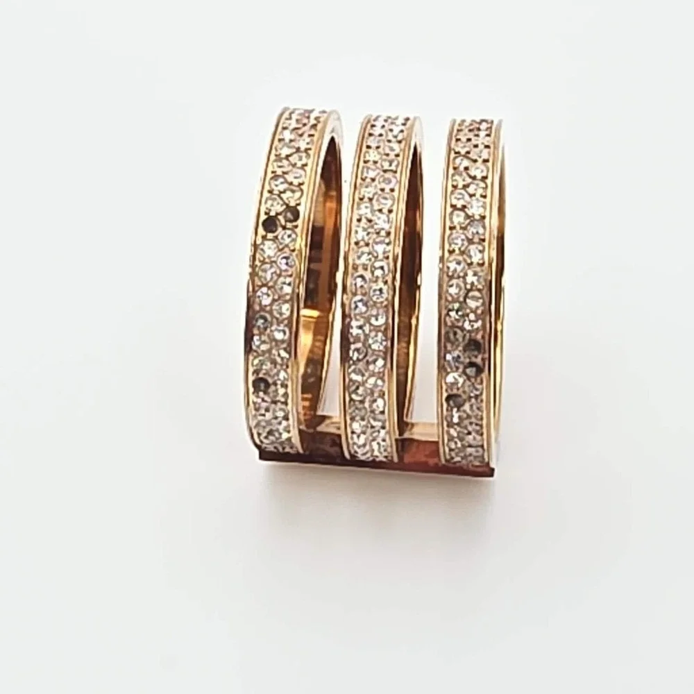 MICHAEL KORS Tri-Bar Ring Pavé Crystal Encrusted Rose Gold Tone Size 7 FREE $hip